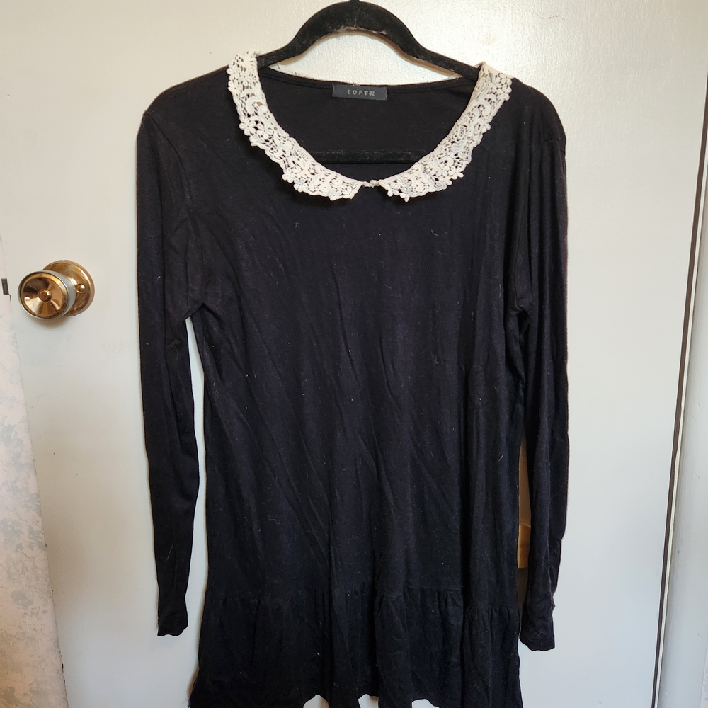 LOFT Black Dress With Lace Detail Collar